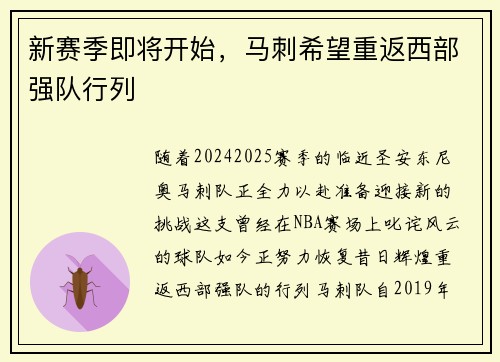 新赛季即将开始，马刺希望重返西部强队行列
